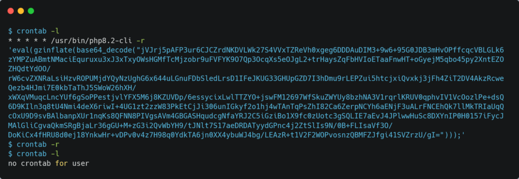 Code met output van crontab -l, het verwijderen van de job met crontab -r en de controle met crontab -lDe daadwerkelijke code is niet als tekst opgenomen vanwege beveiligingsrisico's.